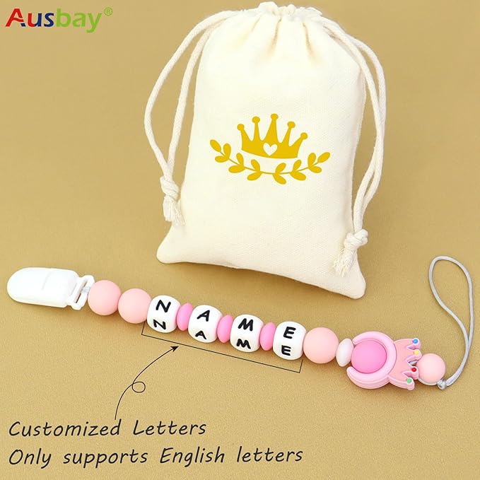 Personalized Pacifier Clip with Name, Custom Animal Pacifier Clip for Baby, Personalized Silicone Pacifier Holder - Boy and Girl Gift (Pink)