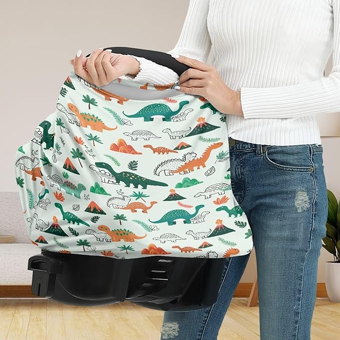 GIFTPUZZ Dinosaur Print Soft Stretch Car Seat Covers for Babies | Versatile Nursing Canopy & Breastfeeding Cover | High Chair & Shopping Cart Cover | Perfect Baby Shower Gifts for Boys & Girls