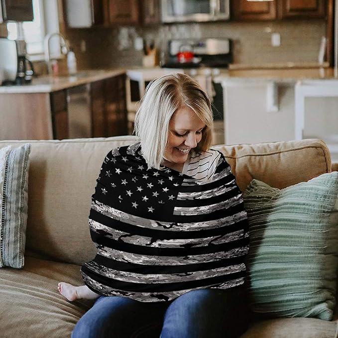 Camouflage Baby Nursing Cover for Breastfeeding, American Flag Camo Breathable Stretchy Nursing Scarf Carseat Canopy for Boys or Girls Stroller Car Seat Covers Independence Day Black Gray Star Stripe