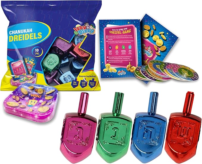 Izzy 'n' Dizzy Hanukkah Multicolor Metallic Dreidel (Pack of 10) - Medium