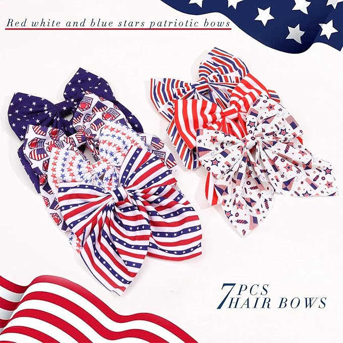 4th of July Hair Bows for Girls, Large Patriotic Fable Bow Handmade American Flag Hair Clips Independence Day Hair Accessories for Little Girls Toddlers Kids (Pattern A)