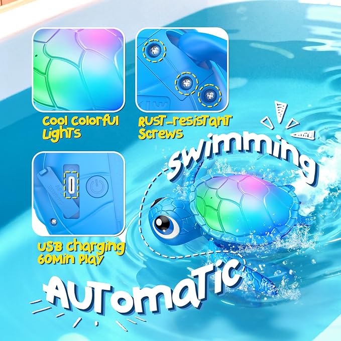 Electric Turtle Bath Toys - Automatic Swimming with Colorful LED Lights, Rechargeable & Auto Shut-Off, Water Pool Floating Toys Bath Bath Toys Easter Basket Stuffers for Toddlers Kids Ages 1-3 2-4 4-8