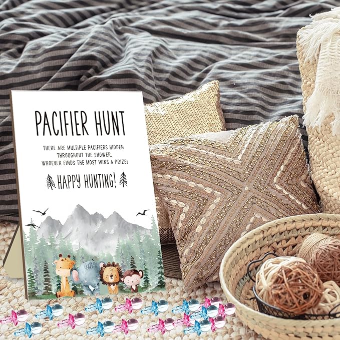 Baby Shower Games Set, Baby Pacifier Hunt Game, Baby Pacifier Hunt Jungle Animal Sign Wooden, 50 Mini Pink Acrylic Pacifiers and 50 Blue Pacifiers, Favorite Adults Kids Games for Baby Shower