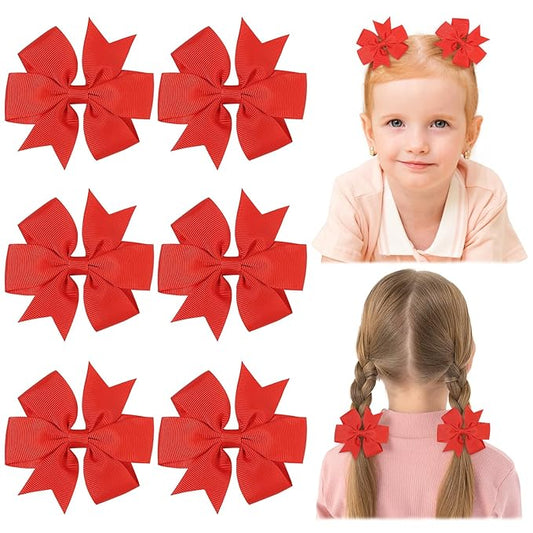 Choicbaby 3 Inches Hair Bows for Girls Red Grosgrain Ribbon Pinwheel Hair Bows Clips Toddler Hair Clips for Birthday Baby Shower Gifts 6 Pack Photo Props