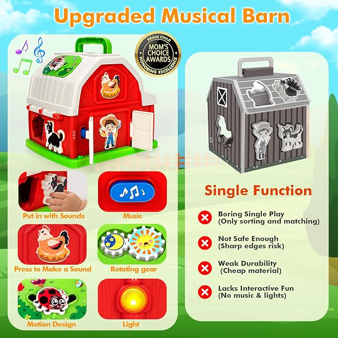Montessori Toddler Toys for 1 2 3 Year Old Boys Girls, Musical Farm Animals Barn Toy with Sound & Light, Learning Toys for Toddler 1-3, Birthday Gift for Baby Kid 12-18 Months,Shape Sorting Fine Motor