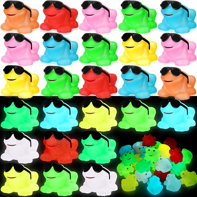 Halloscume 24 Pack Glow in The Dark Rubber Frogs Bulk Luminous Colorful Miniature Frogs with Sunglasses Mini Squeak and Floating Bath Toy Swimming Bathtub Toy for Valentine's Gift Birthday Party Favor