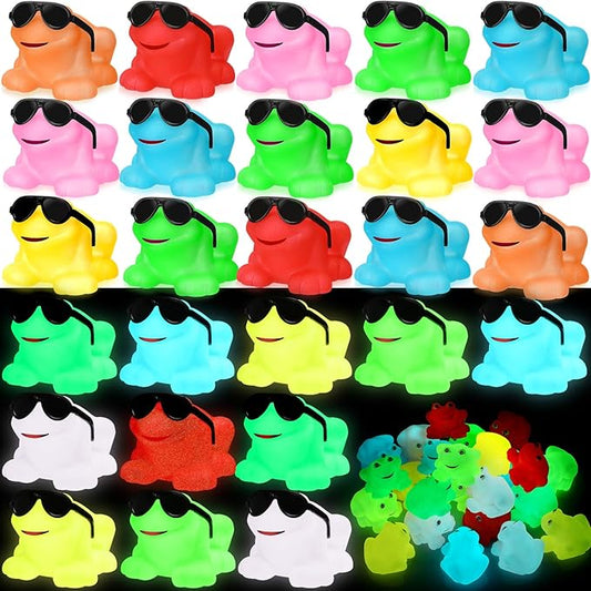 Halloscume 36 Pack Spring Rubber Frogs Bulk Squeak and Floating Rubber Bath Toy Glow in the Dark Mini Floating Frogs for Baby Shower Birthday Party Favors Classroom Exchange Gifts Prizes, Colorful
