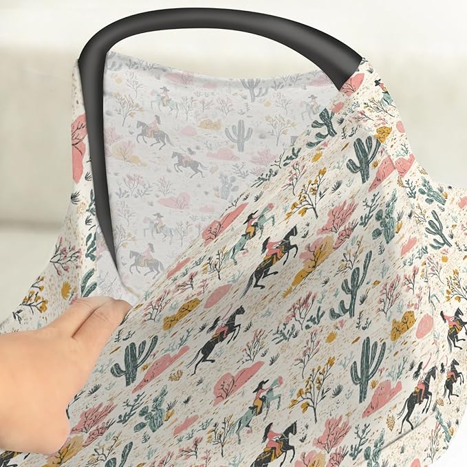 Vintage Western Cowgirl Baby Car Seat Covers Retro Cowgirl Horse Cactus Stretchy 5-in-1 Cover Adjustable Infant Carseat Canopy Cover Wild Desert Country Breathable Nursing Cover-Up