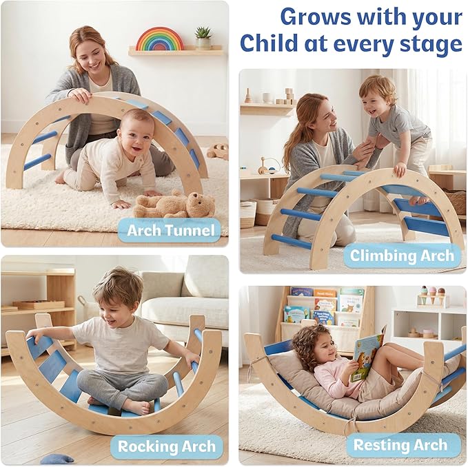 bbgroundgrm 8-in-1 Wooden Climbing Set for Toddlers with Cushion, Foldable Montessori Indoor Climber with Arch, Ramp and Triangle Ladder, Natural Wood Play Gym for Kids 1-3