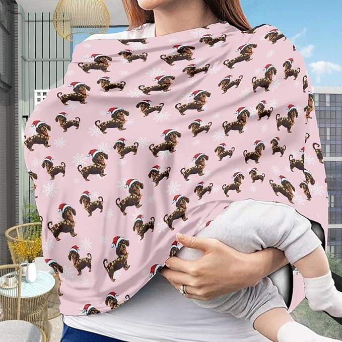 AFPANQZ Christmas Dachshund Baby Car Seat Cover Canopy and Nursing Cover Infant Baby Car Canopy Cover Warm Breathable Windproof Open Peep Top Universal Fit