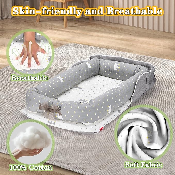 Baby Lounger for Newborn-Portable Baby Lounger 0-24 Months for Home and Travel,Newborn Loungers with Strap, Baby Nest Lounger Adjustable Size,Crown Grey