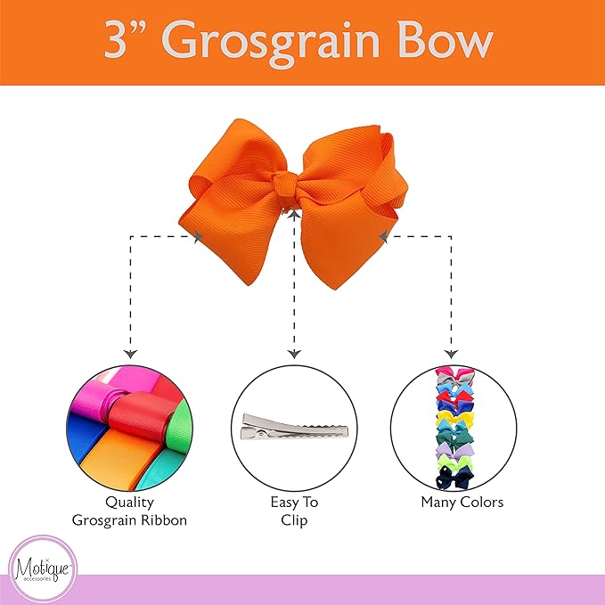 3 Inch Grosgrain Bow for Little Girls- Set of 2 (Orange)