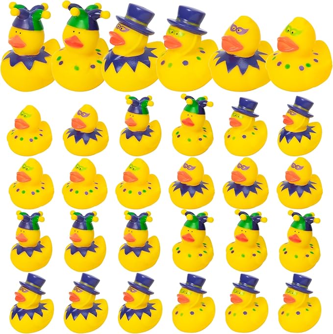 Haooryx Mardi Gras Rubber Duck Toy -30Pcs Novelty Squeeze Yellow Duck Bulk Assorted Cute Duckies Bath Toy Bathtub Decoration for Baby Shower Birthday Gift Carnival Party Favor Goodie Bag Filler Supply