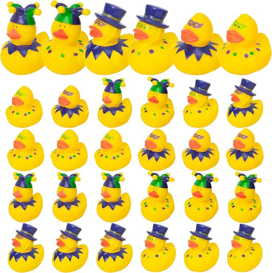 Haooryx Mardi Gras Rubber Duck Toy -30Pcs Novelty Squeeze Yellow Duck Bulk Assorted Cute Duckies Bath Toy Bathtub Decoration for Baby Shower Birthday Gift Carnival Party Favor Goodie Bag Filler Supply