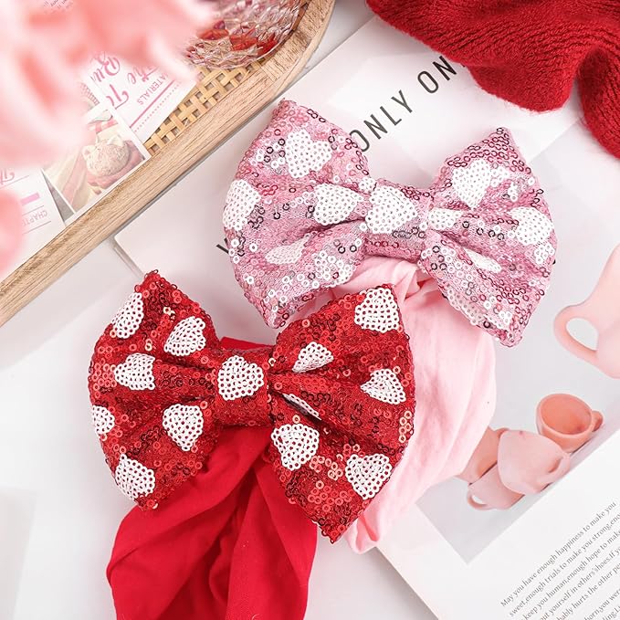 Heart Baby Bow Headbands Sequin Bows Red Pink Glitter Hair Bow for Girls Toddler Red Pink Baby Headband Bows 6-12 Months