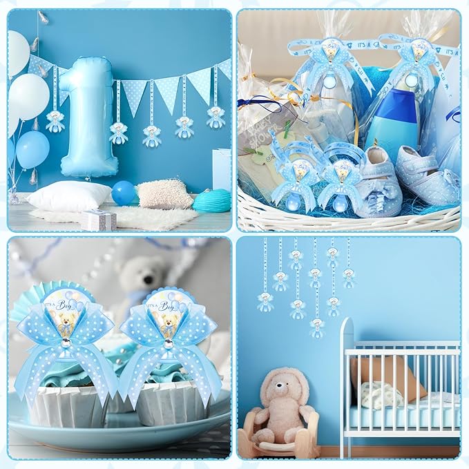 Hotop 36 Pcs Baby Shower Pacifier Necklace Bulk Bear Acrylic Pacifier Necklace for Baby Shower Charm Necklaces Party Favors for Girls Boys Gender Reveal Decoration Table Pieces(Blue,Boy)