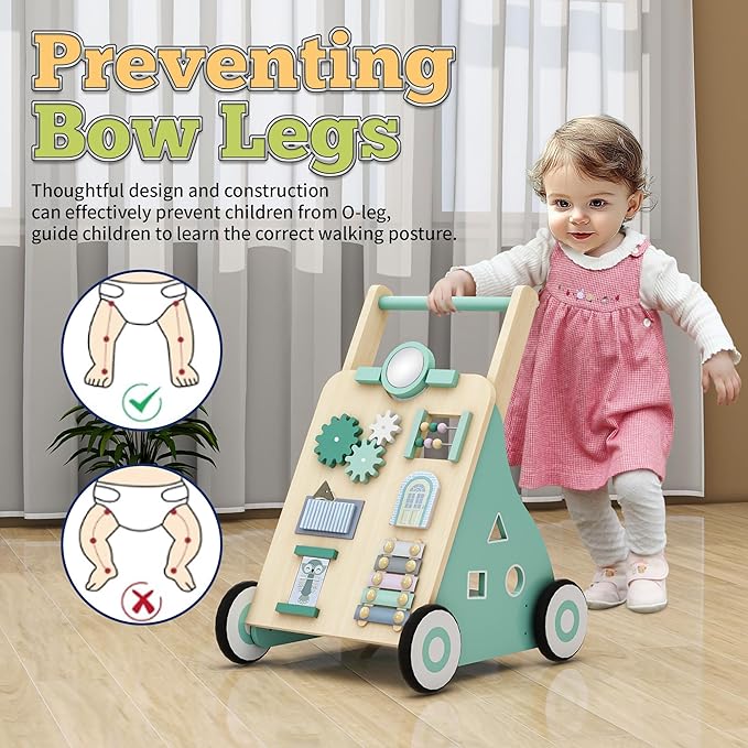 Baby Walker with Wheels, Wooden Baby Walker Push Toy Adjustable Height and Speed Montessori Walker Multiple Learning Activity Walker for Boys Ages 9+ Months, Green