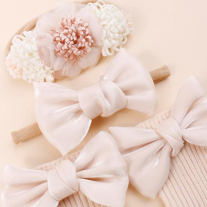 cherrboll Baby Girl Headbands and Socks Set, 3Pcs Soft Floral Hairbands Hair Bows Knit Socks for Newborn Infants Toddlers Photography Props Gifts