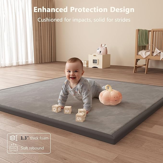 Floisdace Baby Play Mat for Floor, 1.3'' Thick Memory Foam Tummy Time Mat - Super Soft Coral Velvet Nursery Rug with Non-Slip Backing, Crawling Rug for Toddlers/Infants, Yoga & Tatami Use, 59''x79''
