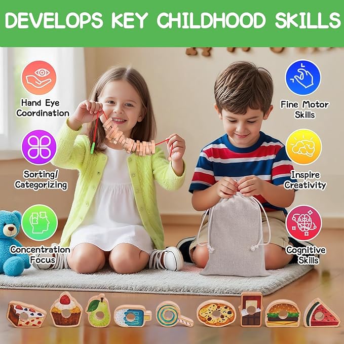 2025 New Upgrade Wooden Greedy Caterpillar Rope Toy, 2.5in Fruit & Vegetable Caterpillar Lacing Bead String Game, Montessori Fine Motor Skills Farm Toys for 3+ Year Old