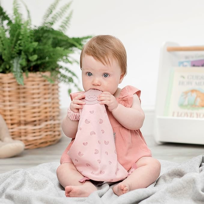 Cheeky Chompers Comfortchew | Baby Lovey with Silicone Teether & Sensory Tags | Soft Fleece Material, Attachable Loop, Machine Washable (Rainbow Rose)