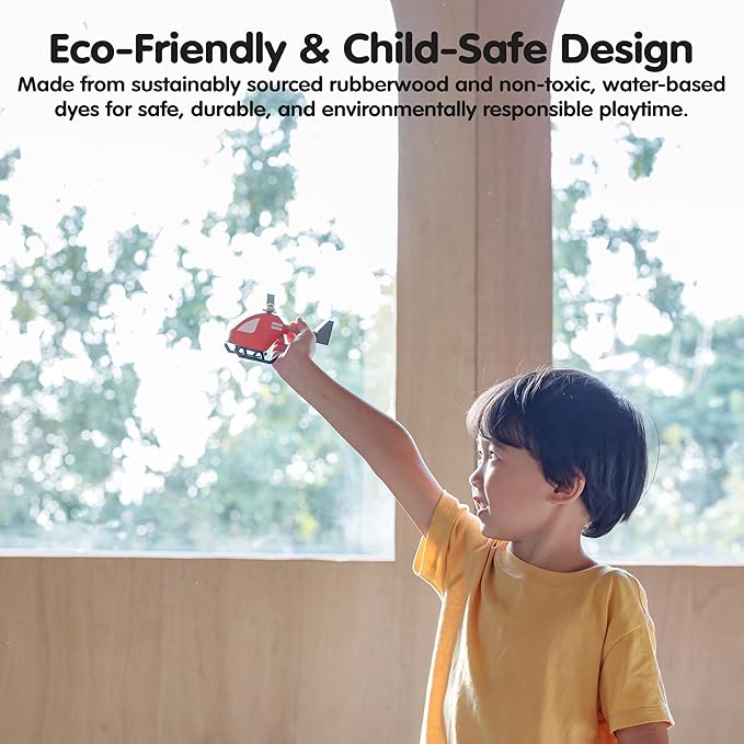 PlanToys® Wooden Helicopter Toy | Montessori Imaginative Play, Cause and Effect and Fine Motor Skill Development Activity | Eco Friendly Toy for Indoor and Outdoor Play