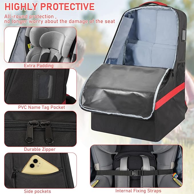 IBVIVIC Padded Car Seat Travel Bag for Airplane, Heavy Duty Car Seat Bag for Air Travel Gate Check Carseat Carrier Bag with Shoulder Strap, Fits Most Baby & Infant Car Seats (Black&Red)