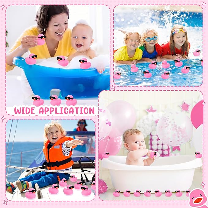 Sosation 48 Pack Mini Rubber Ducks with Sunglasses Sets Squeaky Bath Toys Float Bathtub Duckies for Little One Birthday Party Favors Class Carnival Prizes Car Decor(Pink)