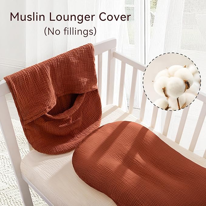 Muslin Baby Lounger Cover 1 Pack, Cotton Soft Breathable Infant Nest Slipcover, Envelope Closure, Compatible with Snuggle Me Loungers, Machine Washable, Cover Only, for Boys Girls(Brown)
