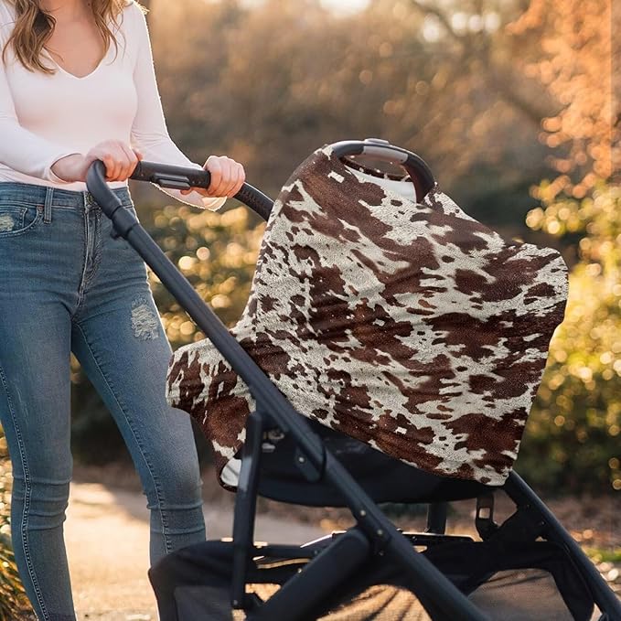 Wanyint Infant Car Seat Cover for Babies, Boys Girls Carseat Canopy Baby Breastfeeding Stroller High Chair Shopping Cart Cover, Cow Print Dark Brown