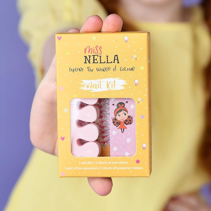 Miss Nella Summer MANICUTE- kids nail kit + 2 Miss Nella peel off polish, nail stickers, tattoos, nail filer & toe separators- all designed foe children hands & toes