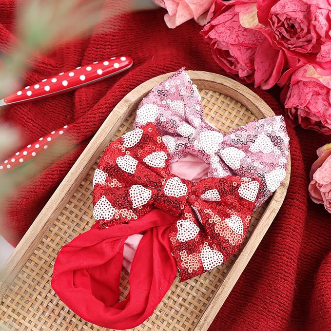 Heart Baby Bow Headbands Sequin Bows Red Pink Glitter Hair Bow for Girls Toddler Red Pink Baby Headband Bows 6-12 Months
