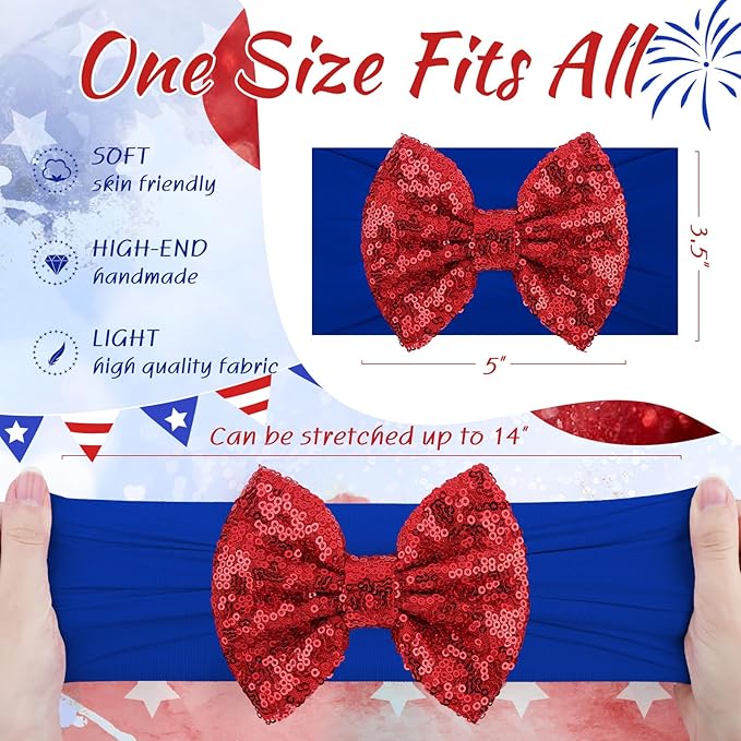 4th of July Red Blue Headband Sequin Bows Glitter Hair Bow for Girls Toddler Patriotic Star Headband Accessories Infant