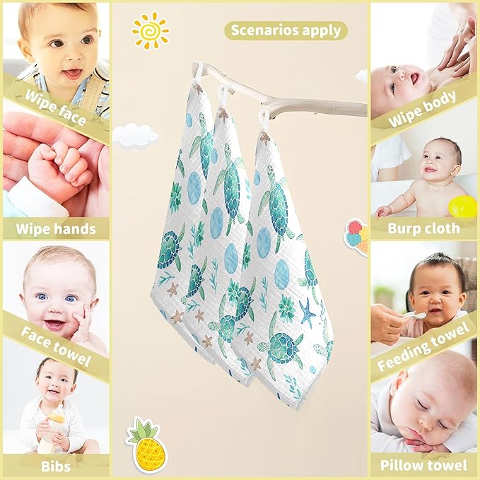 Burbuja Watercolor Sea Turtle Baby Washcloths - Muslin Cotton Soft Absorbent Baby Towel for Newborn Baby Sensitive Skin - Baby Essential Item, 12x12 in, 3 Pack