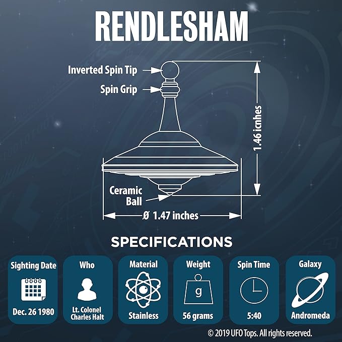 UFO Tops Rendlesham - Metal Spinning Fidget Toy Top - Inspired by The Documented 1980 UFO Sighting in Rendlesham, England - Stainless Steel