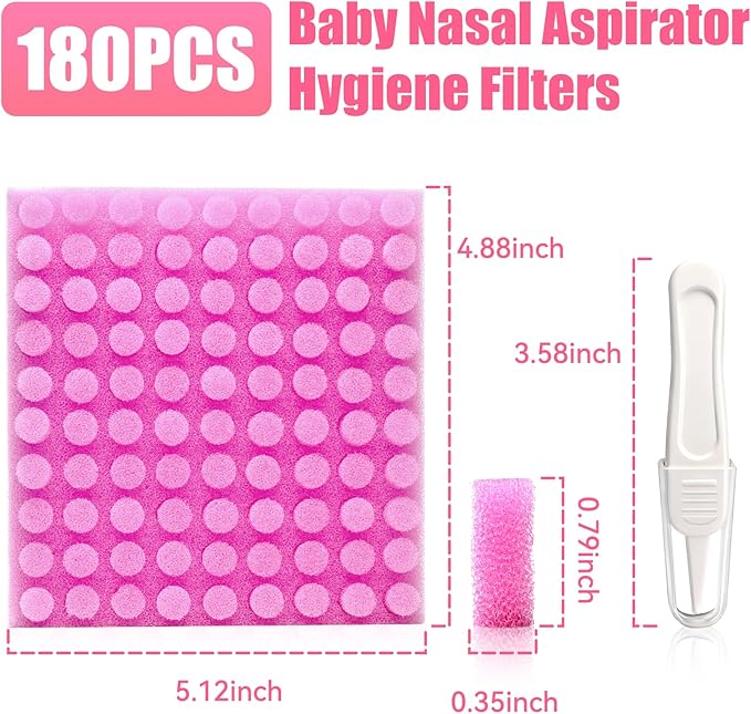 Replacement for NozeBot Nasal Aspirator Filter, 180 Packs Baby Nose Cleaner Hygiene Filters with Nose Cleaning Tweezer (Purple)