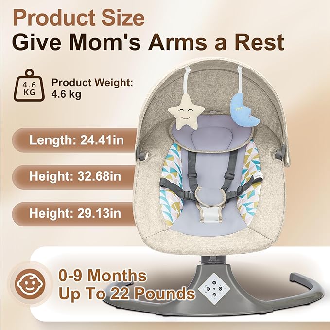 Electric Baby Swing for Infants,Multifunctional 3-in-1 Rocker,5-Speed Adjustable,Remote Control,10 Melodies,5-Point Harness,for Infants Up to 30 lbs, Up to 12 Months Easy Assembly (khaki)