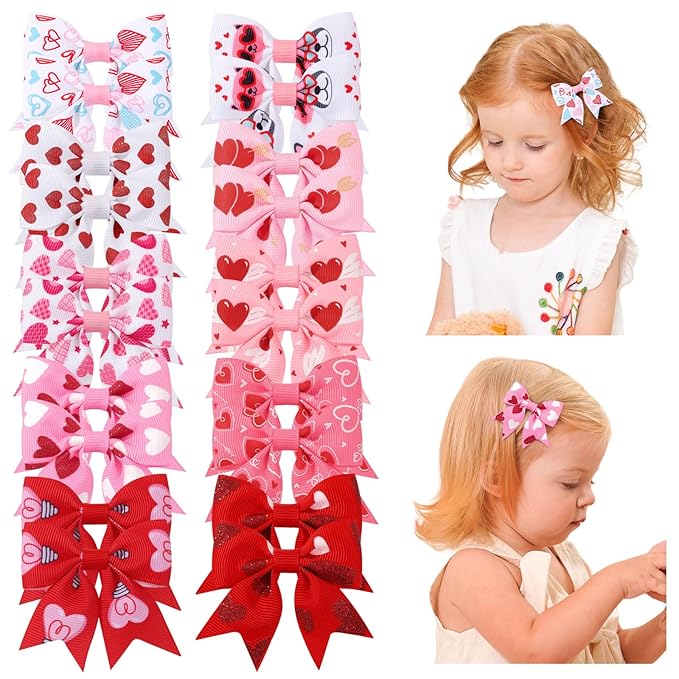 Jollybows 20pcs Baby Hair Clips Girls Bows Love Heart 2" Mini Alligator Clip Toddler Pigtail Bow Fine Hair Clip Valentine Hair Accessories