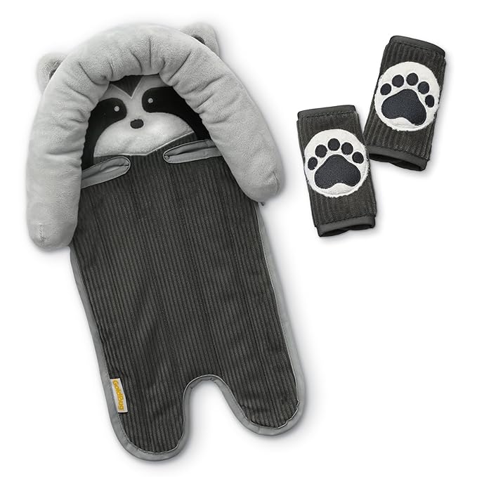 GoldBug Deluxe 2-in-1 Duo Head Support + Matching Strap Covers for Baby and Infant Car Seats - Raccoon