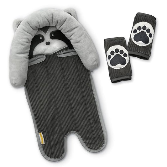 GoldBug Deluxe 2-in-1 Duo Head Support + Matching Strap Covers for Baby and Infant Car Seats - Raccoon