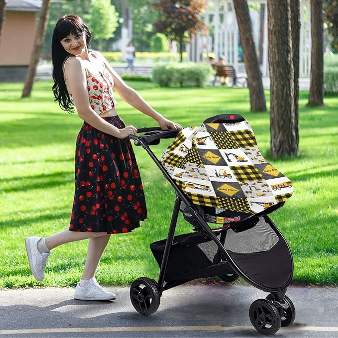 Personalized Baby Car Seat Cover for Boys Girls, Custom Nursing Covers for Breastfeeding with Name, Infant Stroller Cover, Baby Carseat Canopy for Newborn, Multiuse Car Seat Canopies, Constructions