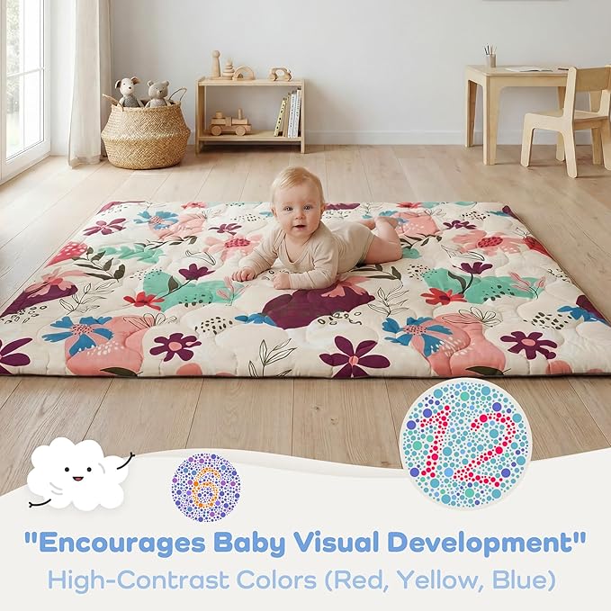 1.5" Thicker Baby Play Mat for Floor, 59x71 Removable & Machine Washable Cover Playpen Mat Softness Foam Mats, Easy-Clean Hygienic, Comfort Safety Kids Crawling Living Room (Floral)