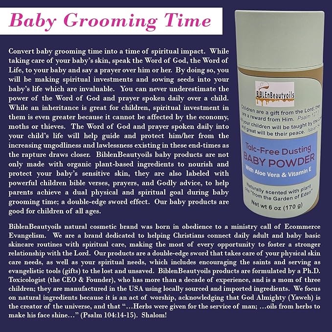 BiblenBeautyoils Talc-Free Dusting Baby Powder Newborn Essentials with Aloe Vera and Vitamin E for Baby’s Delicate Skin, Natural Ingredients, Bible Scriptures, & Prayers, Naturally Scented.