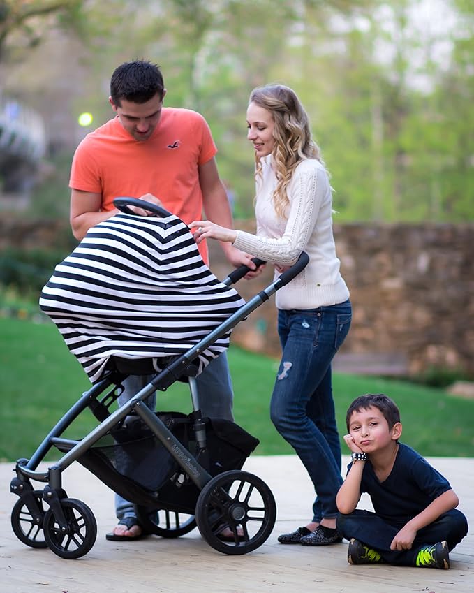 JLIKA Baby Car Seat Covers - Stretchy Infant Canopy and Nursing cover for breastfeeding newborns infants babies girls boys best shower gift maternity apron infinity scarf carseats (Black/White Stripe)
