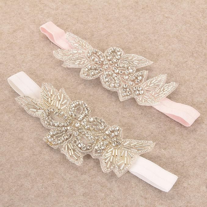 Nishine Girls White Rhinestone Flower Headband Pack Baby Christening Baptism Headband for Baby Shower Wedding Hair Accessories (Leaf Flower-White/Pink)