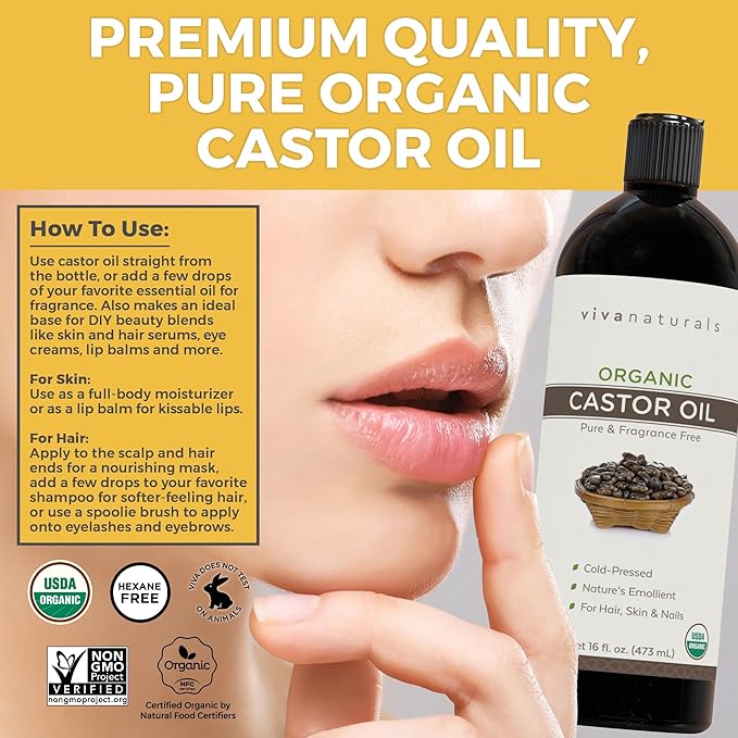 Viva Naturals Organic Castor Oil,Cold-Pressed,16 fl oz – For Face,Hair,Eyelashes,USDA Organic,Non-GMO - With Beauty Kit,(Pack of 2)