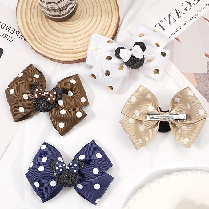 4 Inch Cute Mouse Ears Sequins Bows Hair Clips For Baby Girls, Toddler, Kids and Young Women Birthday Party Wedding Christmas Occasions Set of 2 (A- White Gold)