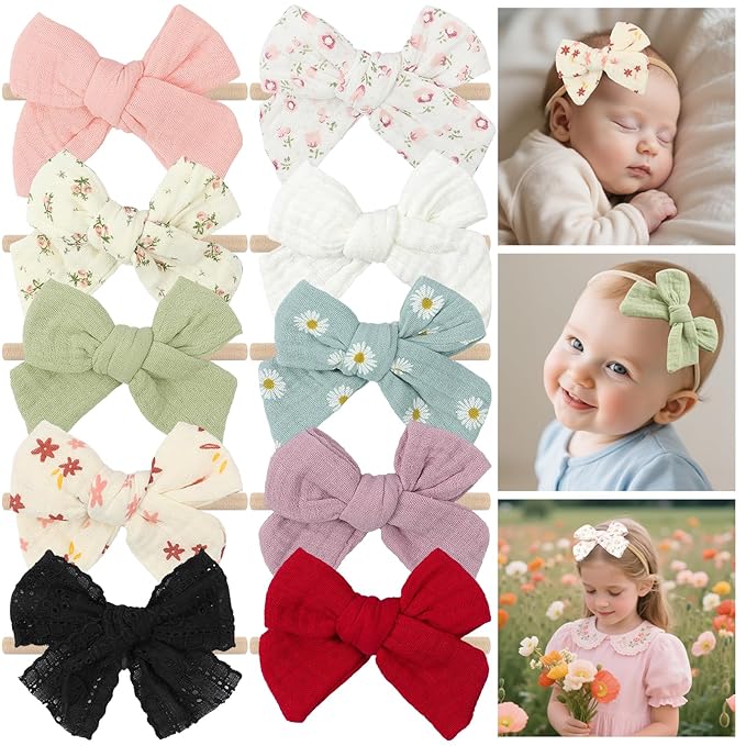 LemonSpace 4" Handmade Baby Girl Bows and Headbands,10 pcs Strechy Soft Nylon Hairbands Hair Bows for Newborns Infants Toddlers Elastic Baby Hair Accessories for Girls Gifts