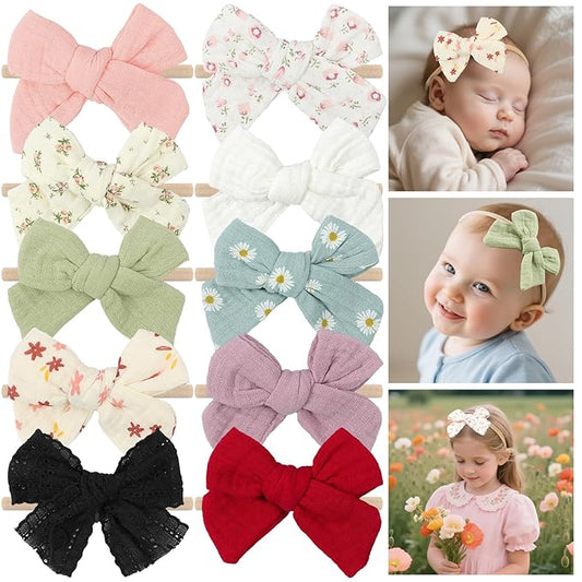 LemonSpace 4" Handmade Baby Girl Bows and Headbands,10 pcs Strechy Soft Nylon Hairbands Hair Bows for Newborns Infants Toddlers Elastic Baby Hair Accessories for Girls Gifts
