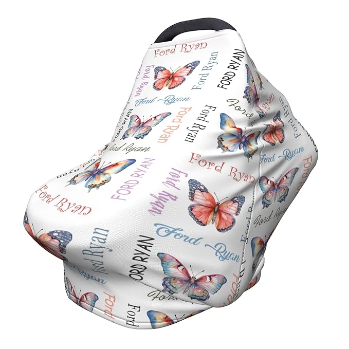 Personalized Baby Car Seat Cover with Name Stroller Canopy Custom Butterfly Carseat Cover Newborn Baby Boy Girl Nursing Cover for Moms First Birthday Gift